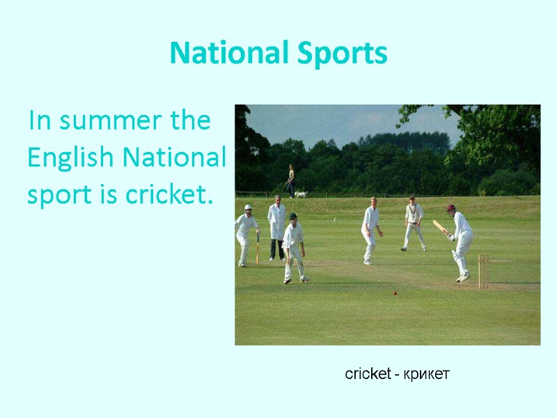National Sports     In summer the English National sport is cricket.